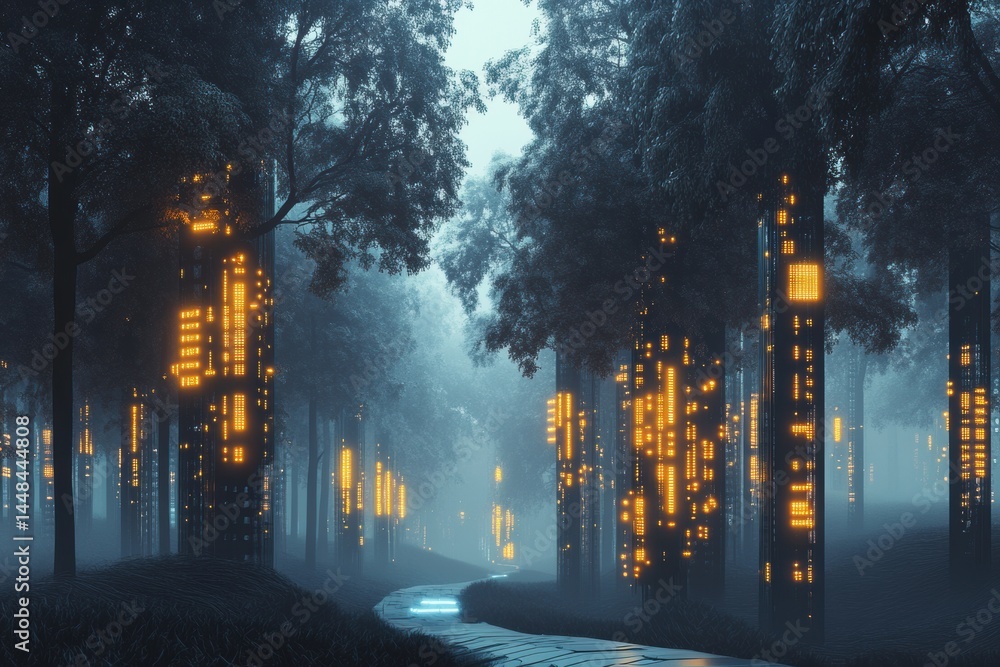 Poster surreal cybernetic forest with glowing circuit trees in a misty futuristic ambiance featuring a flow
