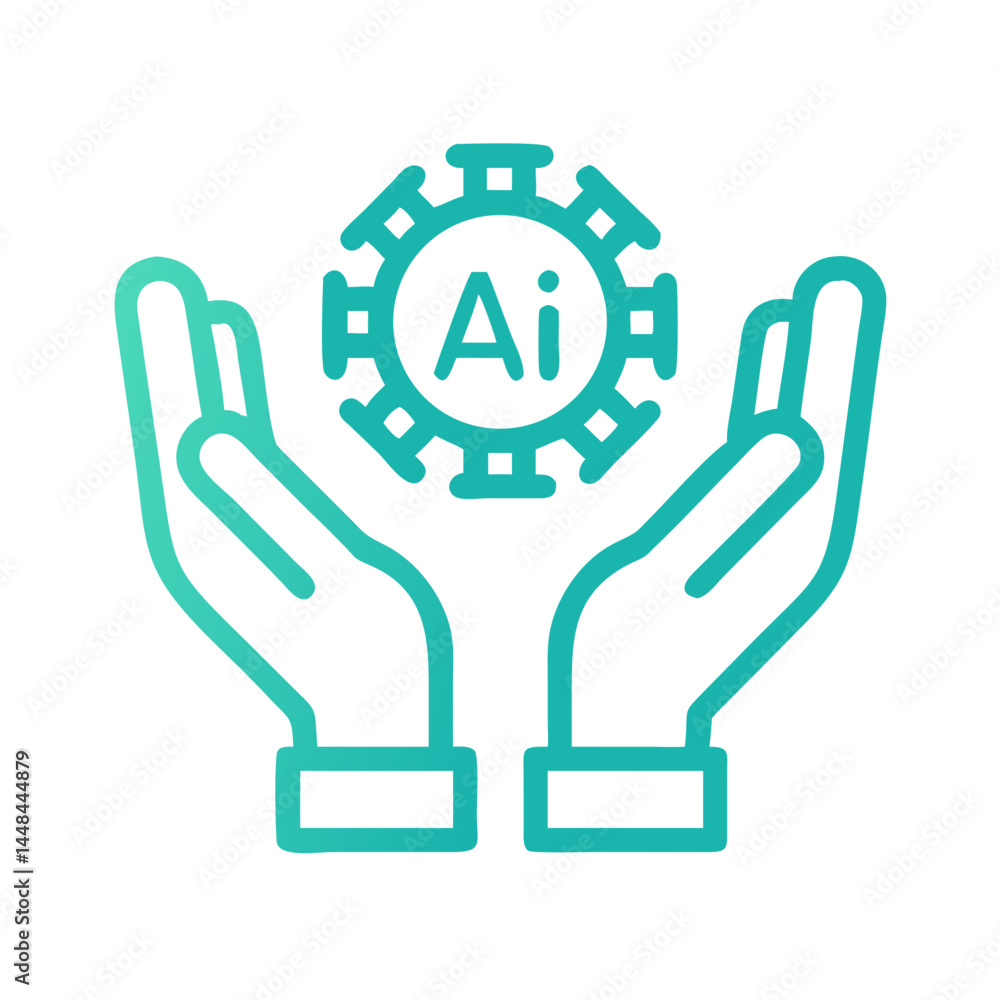 Poster hands holding power symbol icon representing ai support and technological assistance
