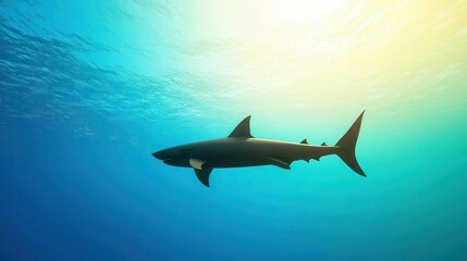 Obraz premium Majestic Shark Swimming in Clear Ocean Water Under Sunlight