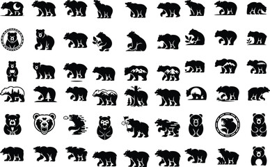 Various Bear Silhouette Set | Wild Animal Vector Icons Bear Silhouettes Collection | Grizzly, Polar & Cub Outlines