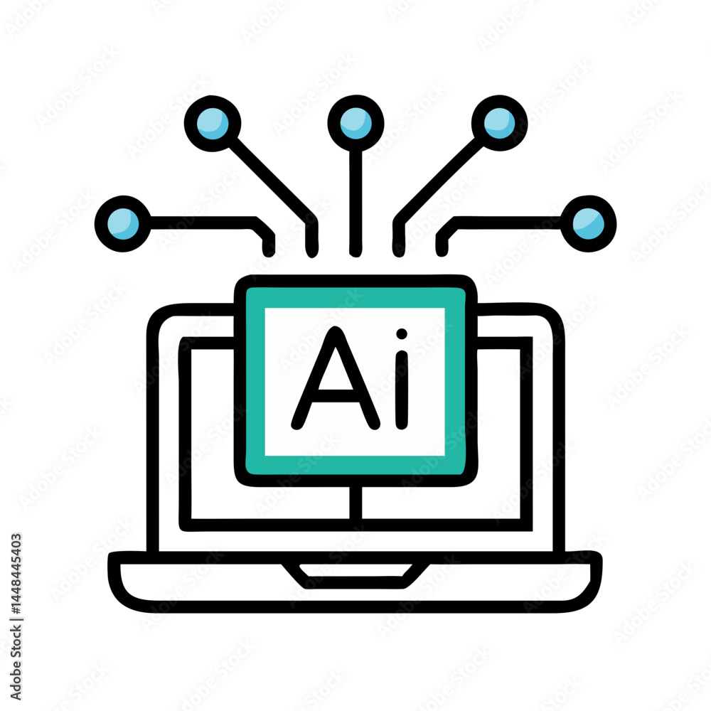 Poster Laptop with AI Label Connected to Network Icon Representing Artificial Intelligence and Digital Connectivity