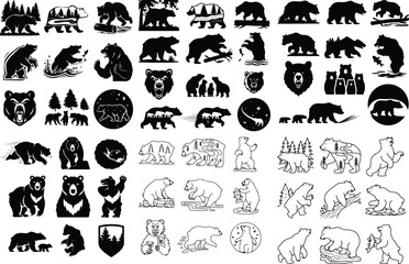 Obraz premium Various Bear Silhouette Set | Wild Animal Vector Icons Bear Silhouettes Collection | Grizzly, Polar & Cub Outlines