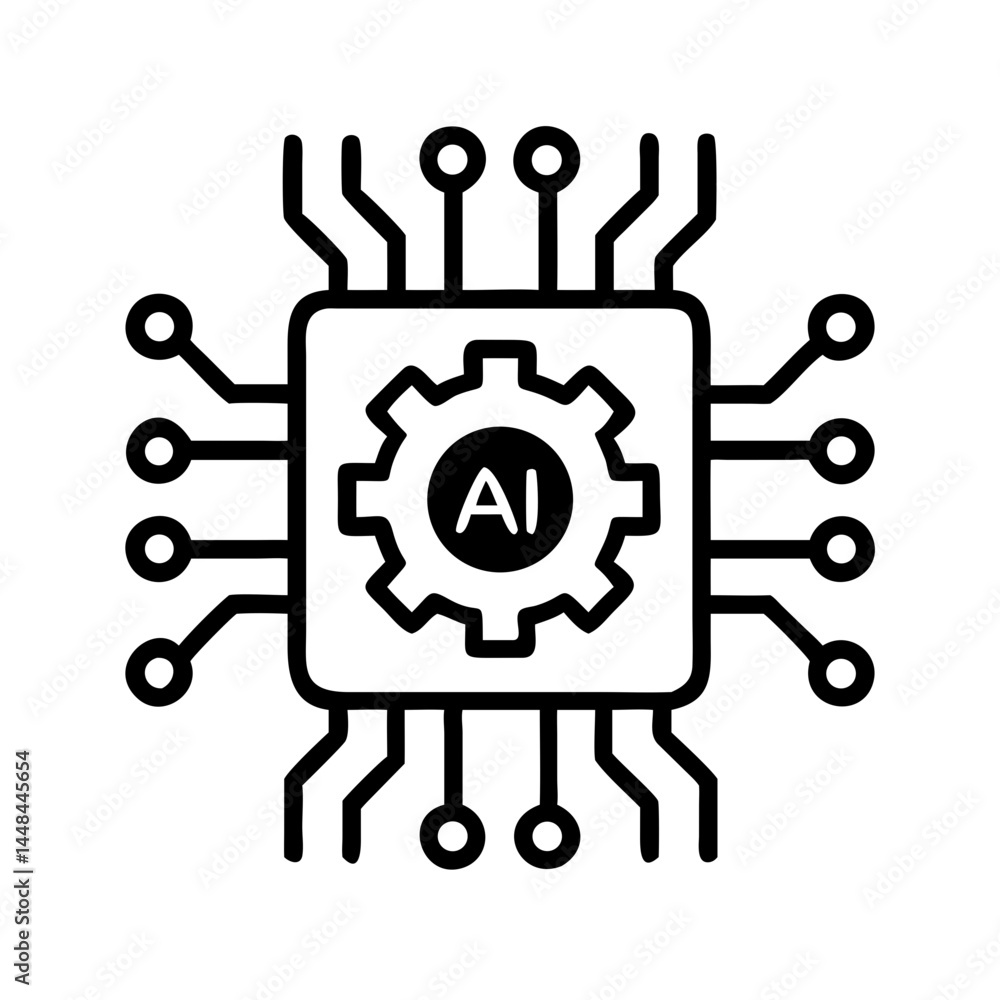 Poster Microchip Circuit with Gear Icon Representing AI Integration and Intelligent Automation