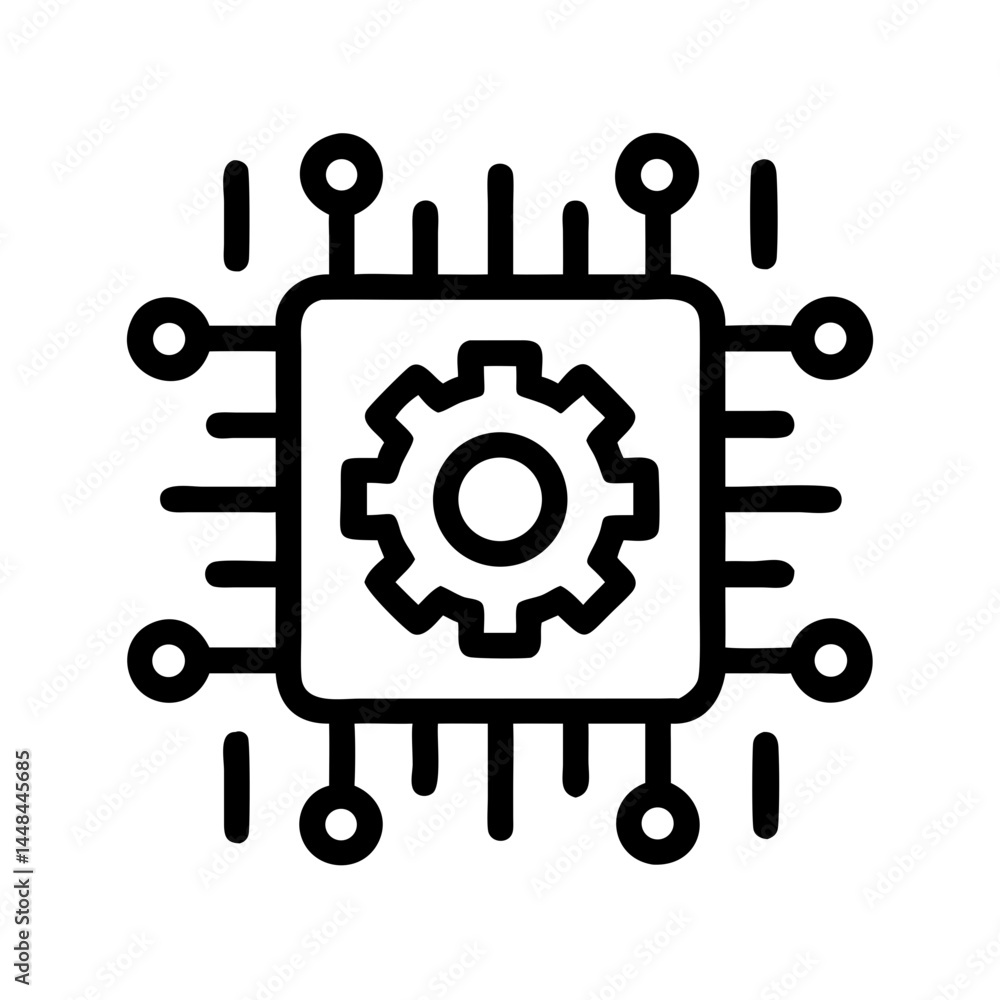 Poster Microchip Circuit with Gear Icon Representing AI Integration and Intelligent Automation