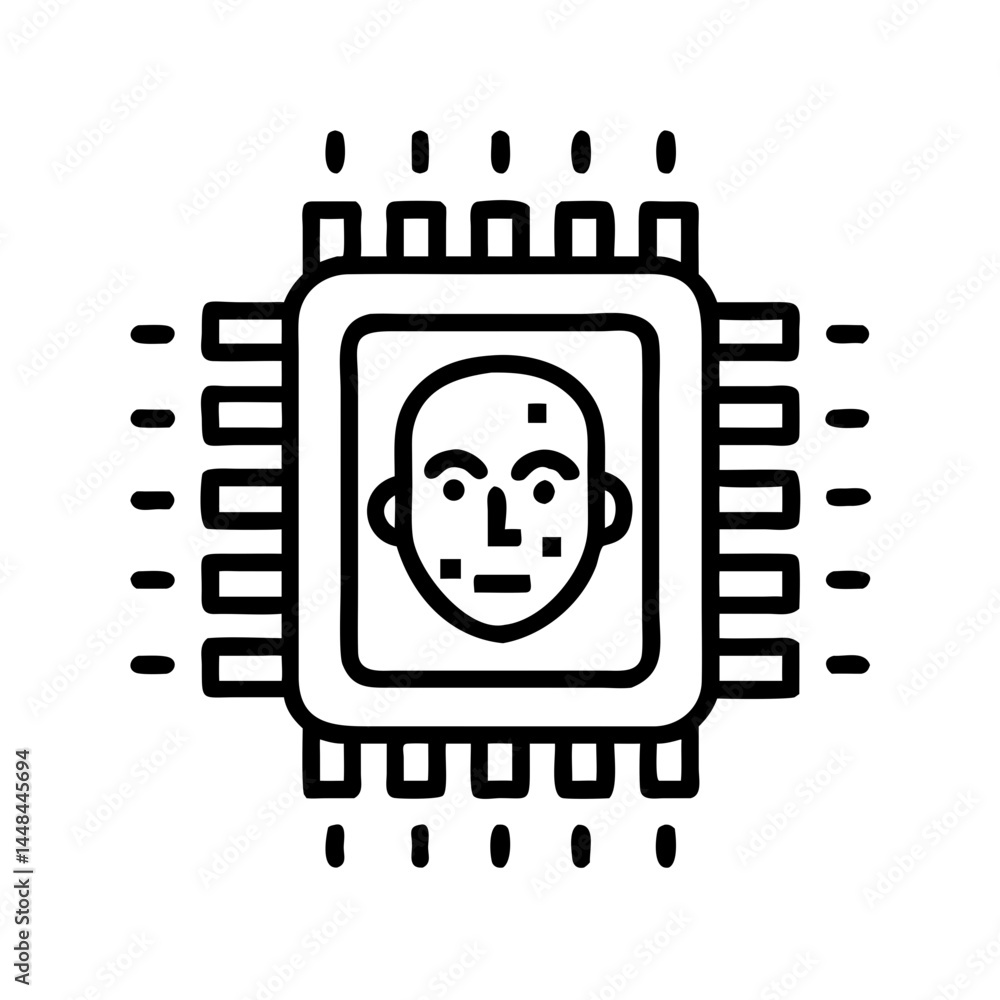 Poster Microchip with Human Face Icon Representing AI Facial Recognition and Biometric Processing