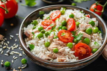 Cold rice salad tuna green pea, selective focus
