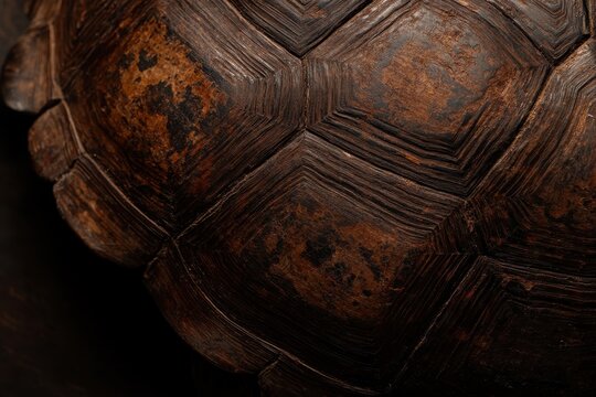 Close-up of a tortoise shell, showing intricate, dark, and aged patterns.  Detailed texture of the carapace