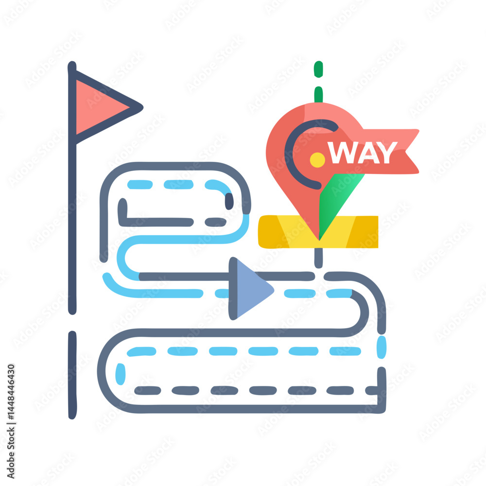 Poster Roadmap with Waypoints and Flag Icon Representing Strategic Planning and Goal Setting