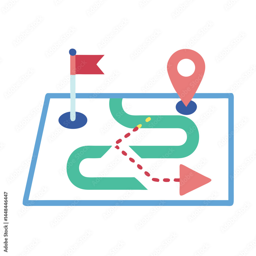Poster Roadmap with Waypoints and Flag Icon Representing Strategic Planning and Goal Setting