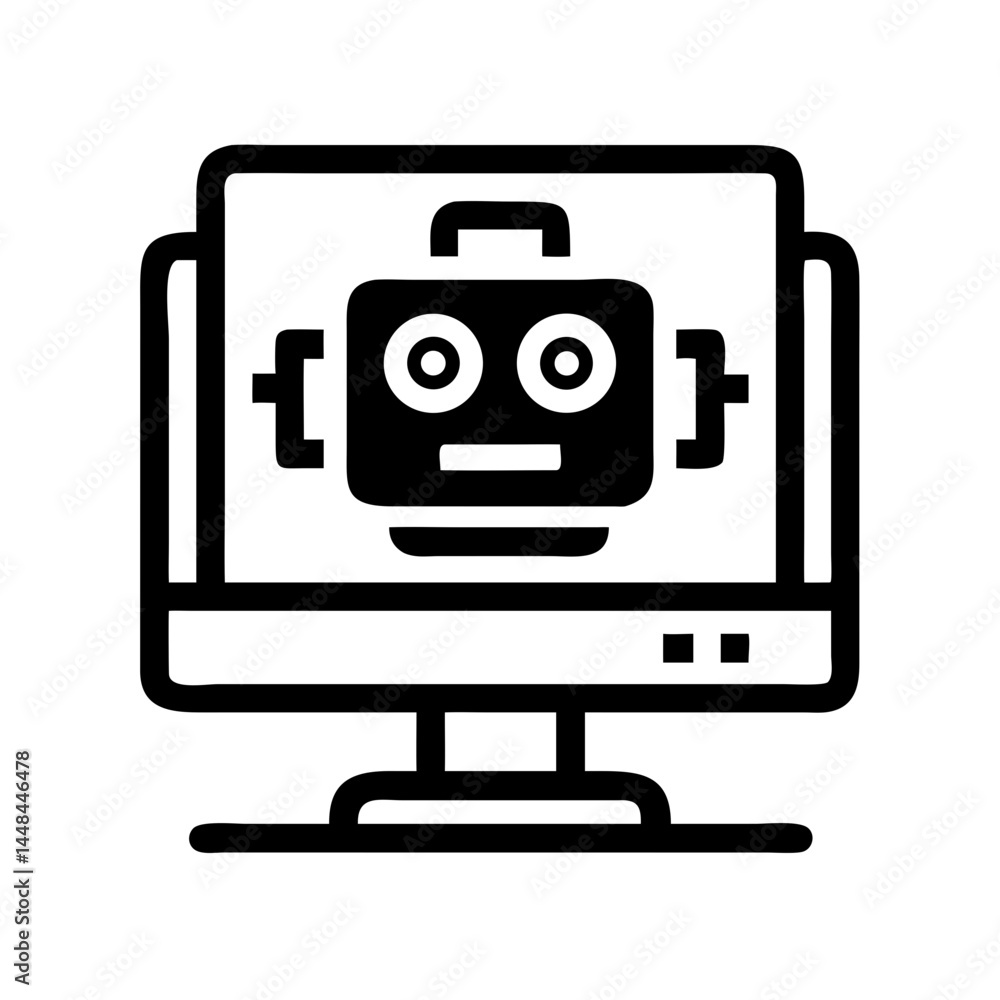 Poster Robot Face Displayed on Monitor Icon Representing AI Interface and Digital Assistance
