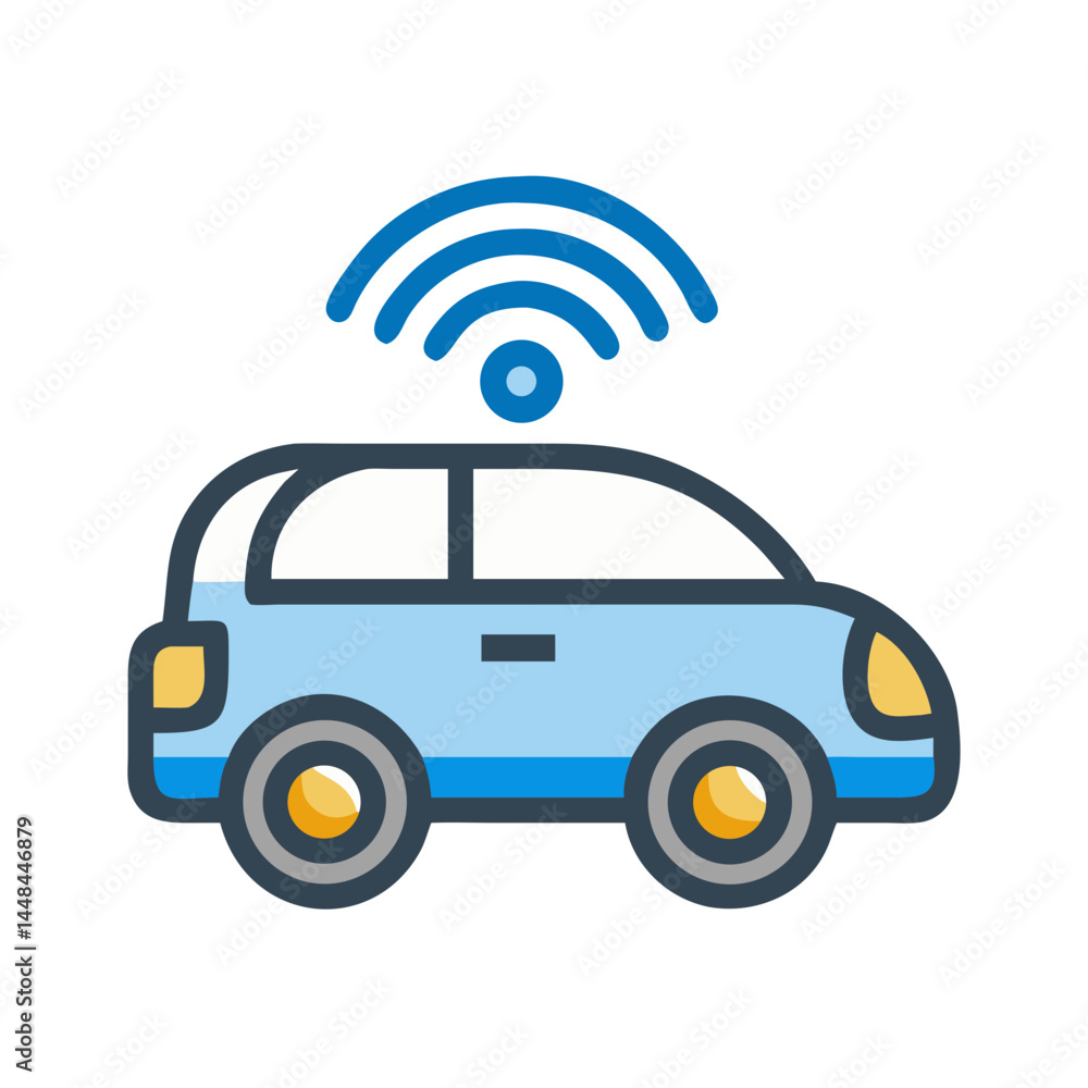 Poster Smart Car with Signal Waves Icon Representing Autonomous Driving and Vehicle Connectivity

