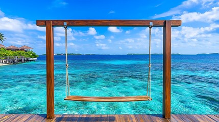 Tropical wooden swing overlooking turquoise ocean waters.