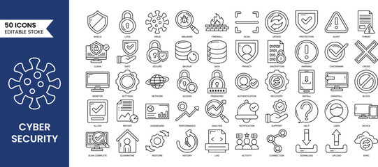 Cyber security line editable icon set. Data protection, malware, security, firewall, scan, secured network icon collection. Vector illustration