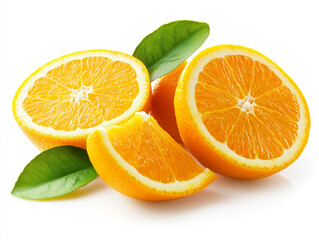 A whole orange with attached green leaves and three sliced pieces, highlighting its vibrant color, juicy texture, and fresh, natural appeal against a clean white backdrop.
