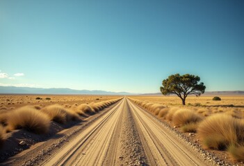 Obraz premium Road in the steppe with a lonely tree under a clear sky 