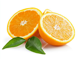 Fototapeta premium A whole orange with attached green leaves and three sliced pieces, highlighting its vibrant color, juicy texture, and fresh, natural appeal against a clean white backdrop. 