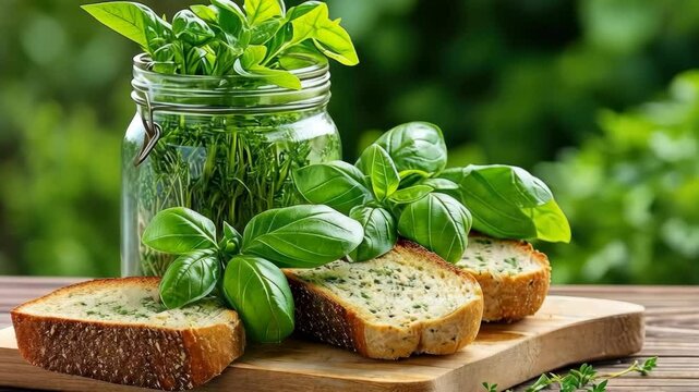 Freshly baked bread topped with a blend of herbs and basil sits on a wooden board, set against a backdrop of lush green plants