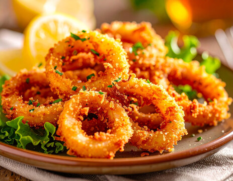Un plato con apetitosos calamares rebozados y fritos a la romana junto a un trozo de lim&oacute;n