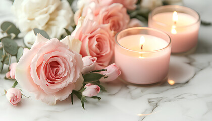 Beautiful flower candles on white marble background, close up