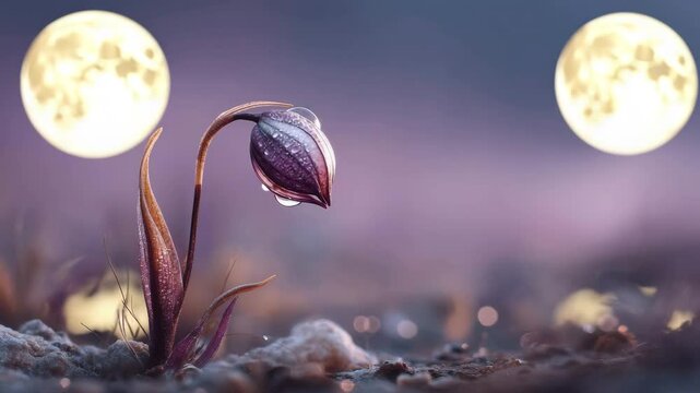Delicate fantastic purple flower under moonlight of two moons, ethereal, representing mystery and beauty, space for the text