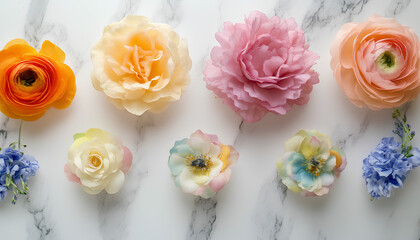 Beautiful flower candles on white marble background, close up