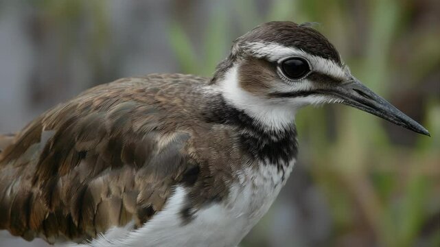 Close-up of a Killdeer bird featuring detailed plumage, black beak, and white markings around its eye, in soft natural light.