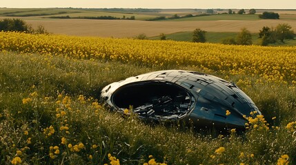 Dark, metallic object rests amidst a field of bright flowers.