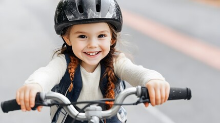 Naklejka premium Happy Little Girl Riding Bike Wearing Helmet