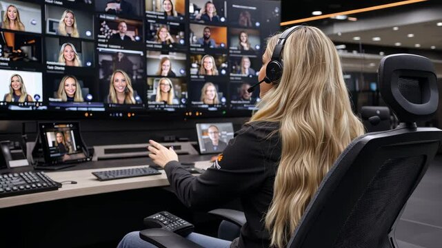 Women connect through a virtual platform, utilizing advanced technology in a sleek and modern office space to collaborate effectively