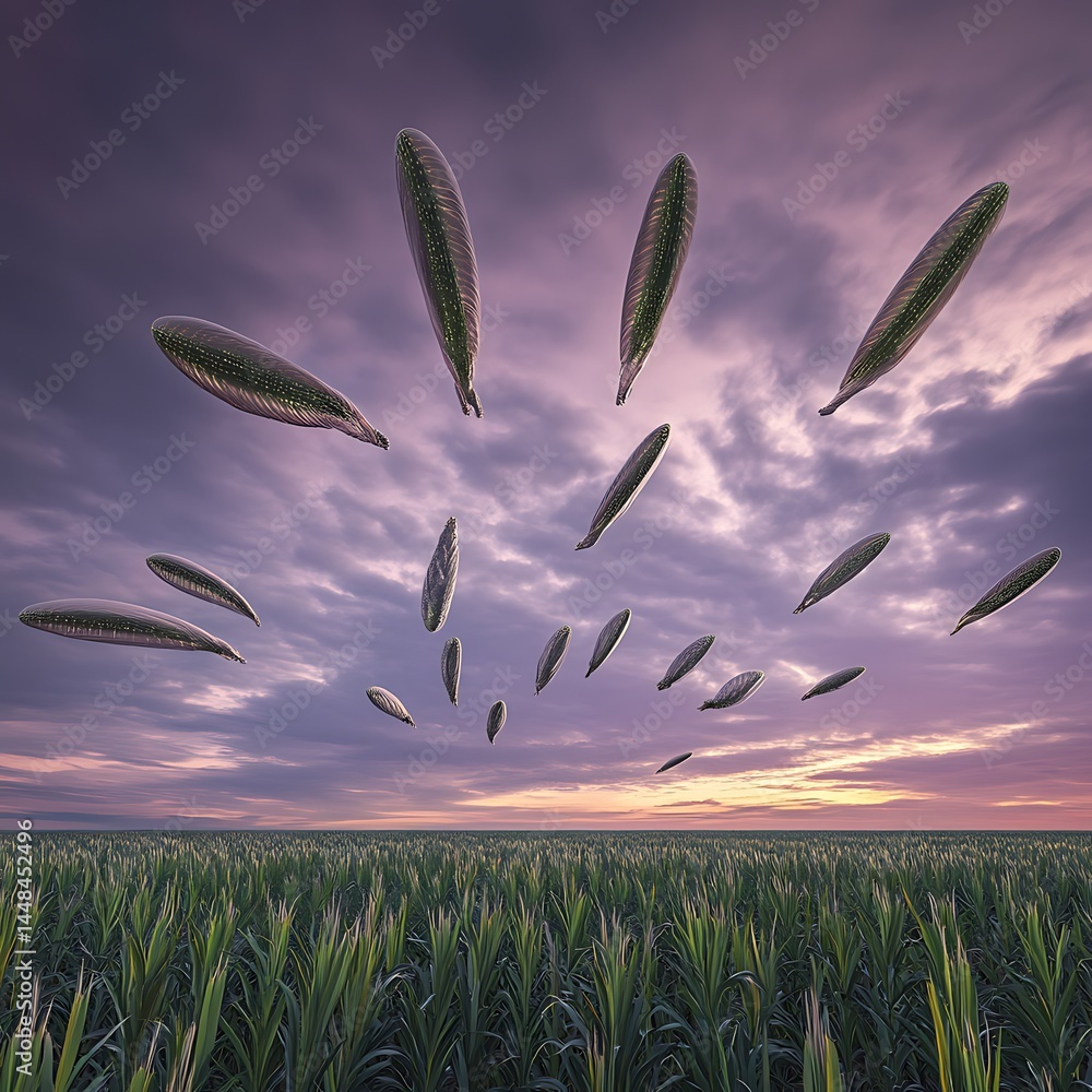 Poster floating objects over a field at sunset.