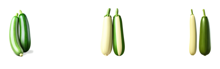 A set of zucchini cut-out illustrations in PNG format with a transparent background, highlighting its health benefits, including vitamins, antioxidants, and digestive support.

