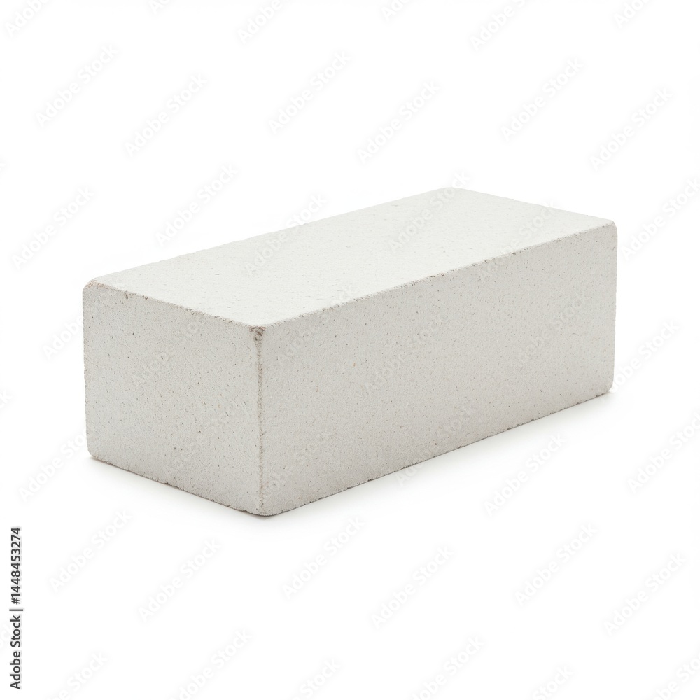 Poster a single white rectangular concrete block sitting on a white surface in a studio setting alone
