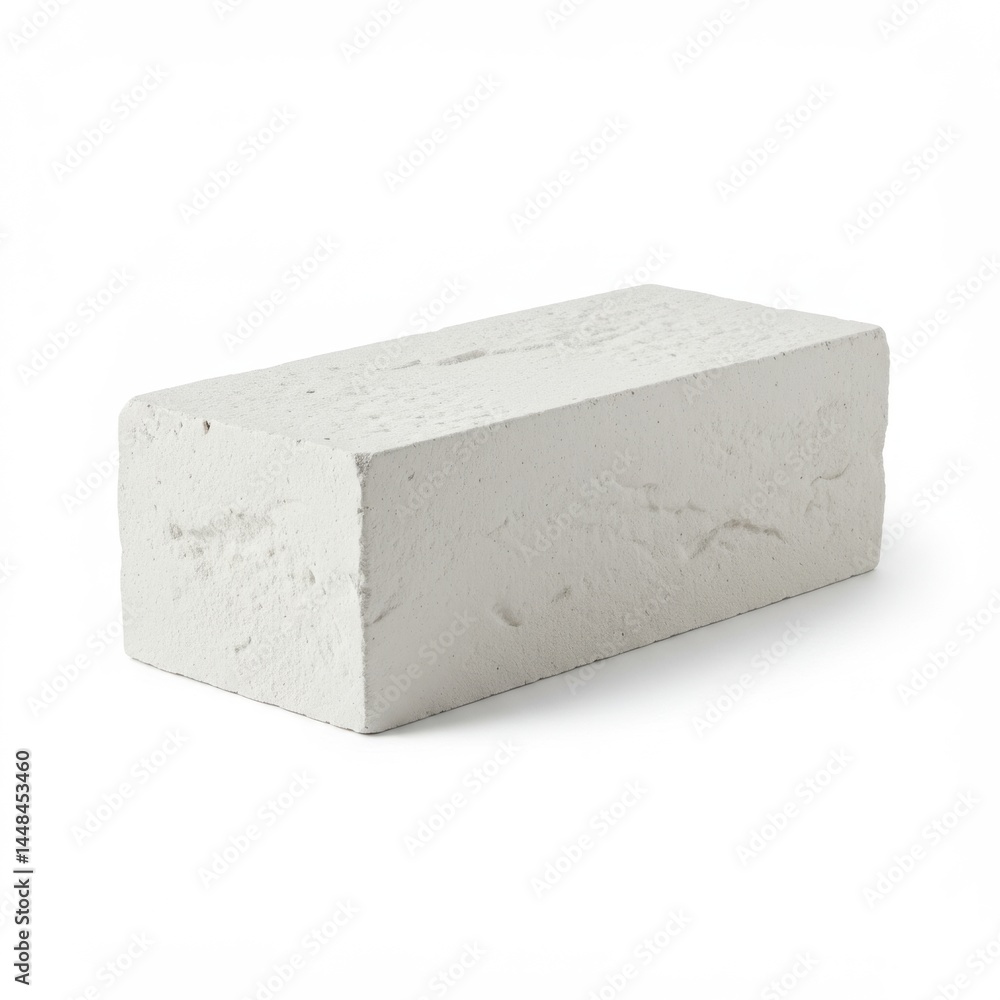Poster a single white brick resting on a white surface showing its rough texture and rectangular shape clea