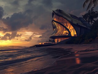 exploring ultra modern futuristic beach houses via VR tours at sunrise