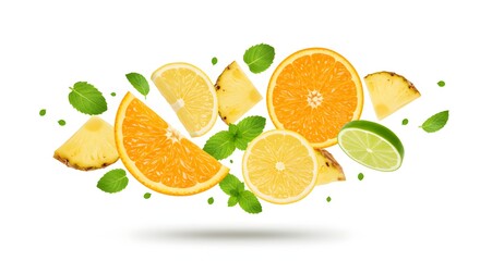 orange slices flying on white background