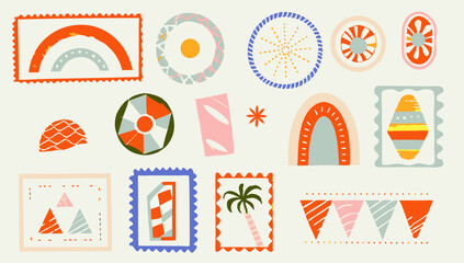 set of vintage summer post card stamp illustration.eps