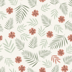Floral seamless pattern. Surface pattern design of scandi flowers and palm leaves