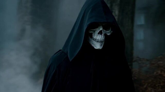 A dark hooded grim reaper with a skeletal face emerges from the shadows, pointing ominously through swirling mist and smoke, creating a chilling, eerie atmosphere in a mysterious dark void; skull face