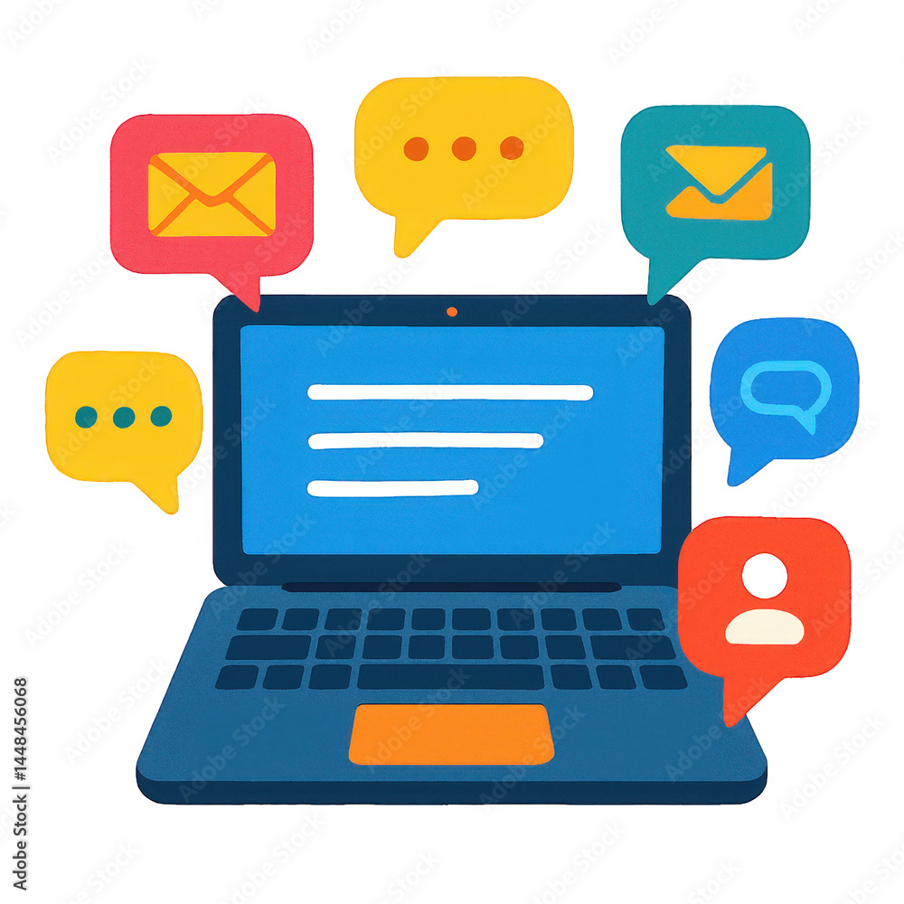 Poster digital communication hub concept featuring a laptop surrounded by colorful messaging and email icon