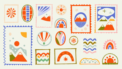 set of retro nature landscape post card stamp  vin (3).eps