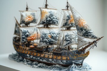 Intricate model ship with stormy painted sails and dramatic waves