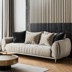 A white couch with black pillows sits in front of a black and white striped wall. The couch is the main focus of the image, and it is the centerpiece of the room
