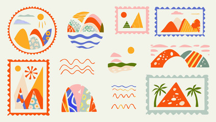 Fototapeta premium set of retro nature landscape post card stamp vin (1).eps