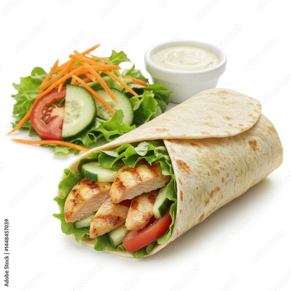 Poster a chicken wrap with lettuce tomato and cucumber served with a side salad and dipping sauce