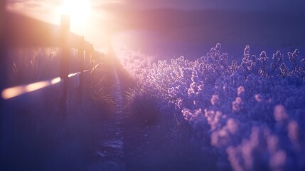 Sunlight path through a lavender field at dawn.