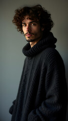 Obraz premium Comforting portrait of man in knit poncho, angled back view. Plush texture, curly hair, and warm lighting create ultimate cozy aesthetic.