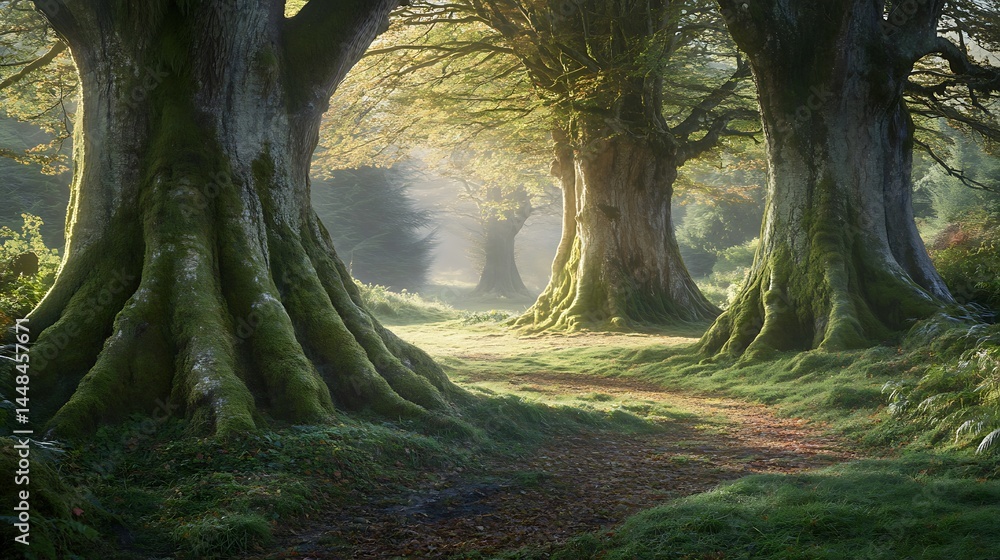 Poster sunlight filtering through ancient trees in a mystical woodland.