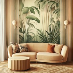 A living room with a couch and a coffee table. The couch is covered in pillows and the coffee table is made of wood. The walls are decorated with a green and brown jungle mural. The room has a warm