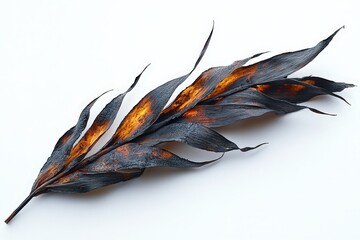 Artistic contrast: charred leaf with vibrant orange hues on white background