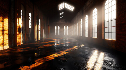 Old industrial hallway sunlight